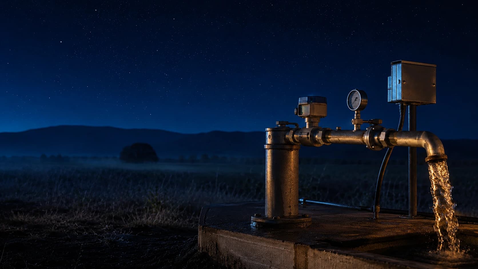 Cabezal de pozo con caudalímetro y telemetría iluminado de noche, con el agua corriendo