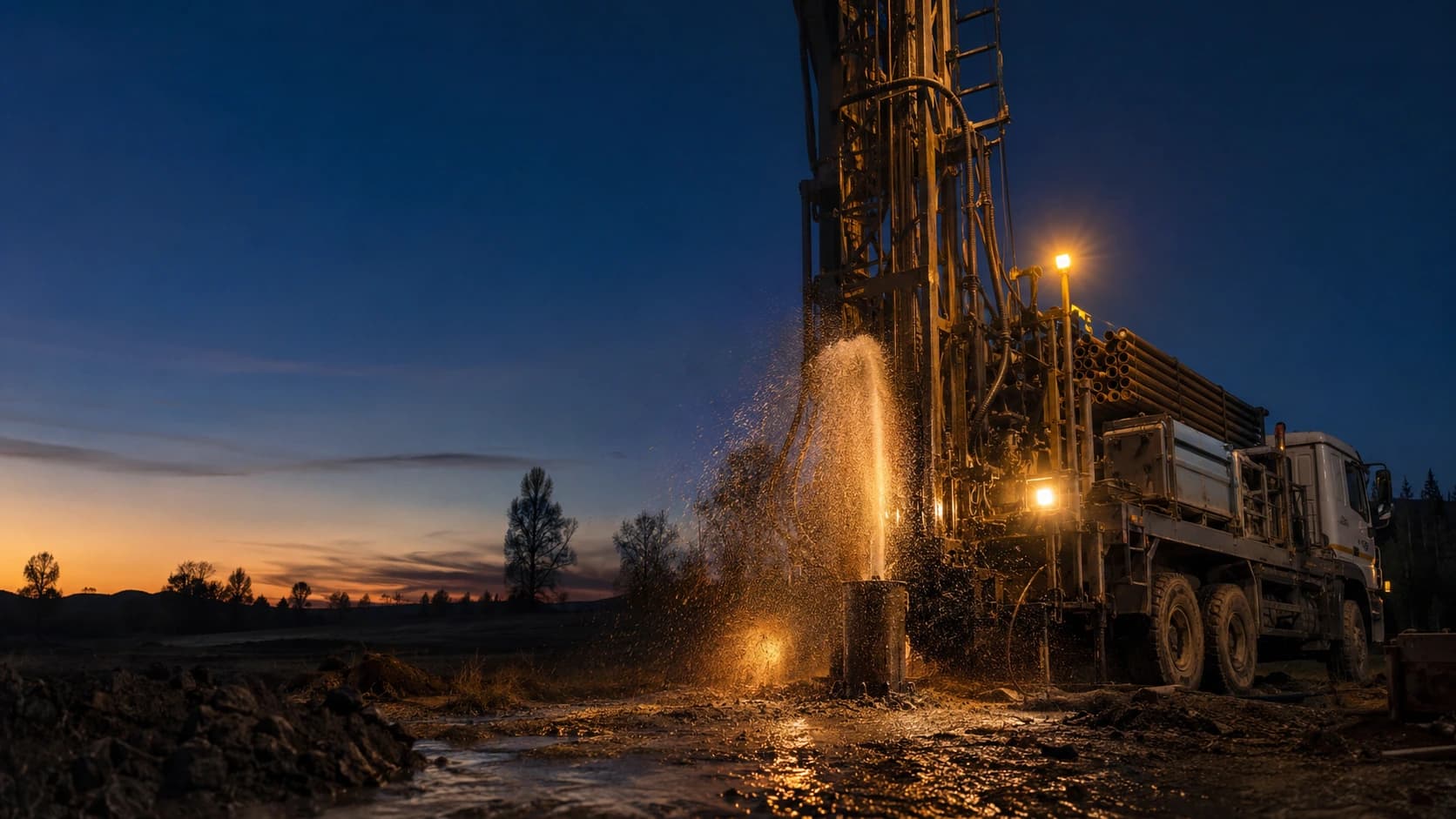 Perforadora de pozo profundo montada en camión, con el agua brotando al atardecer