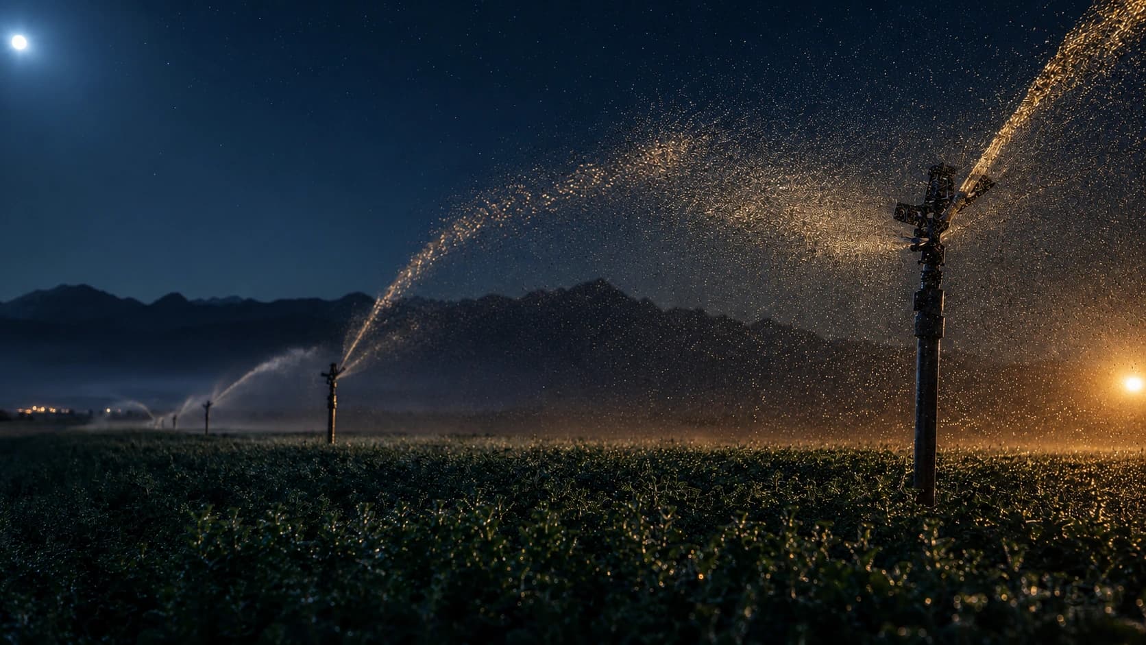 Aspersores regando un cultivo de noche, con la luna sobre la cordillera y las gotas brillando a contraluz